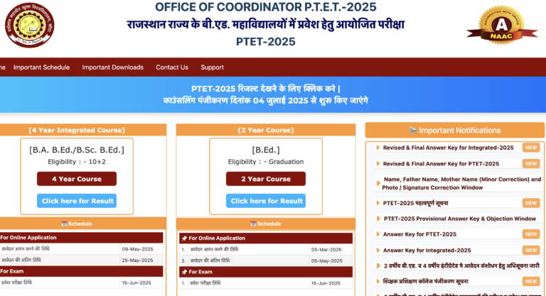Rajasthan PTET 2025 results declared